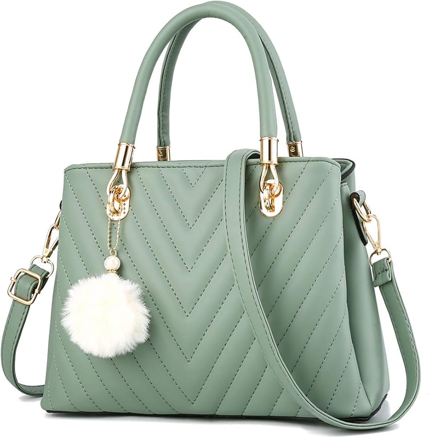 Womens Fashion Leather Handbags Quilted Purses Top-handle Totes Satchel Bag for Ladies Shoulder Bag for Women with Pompom