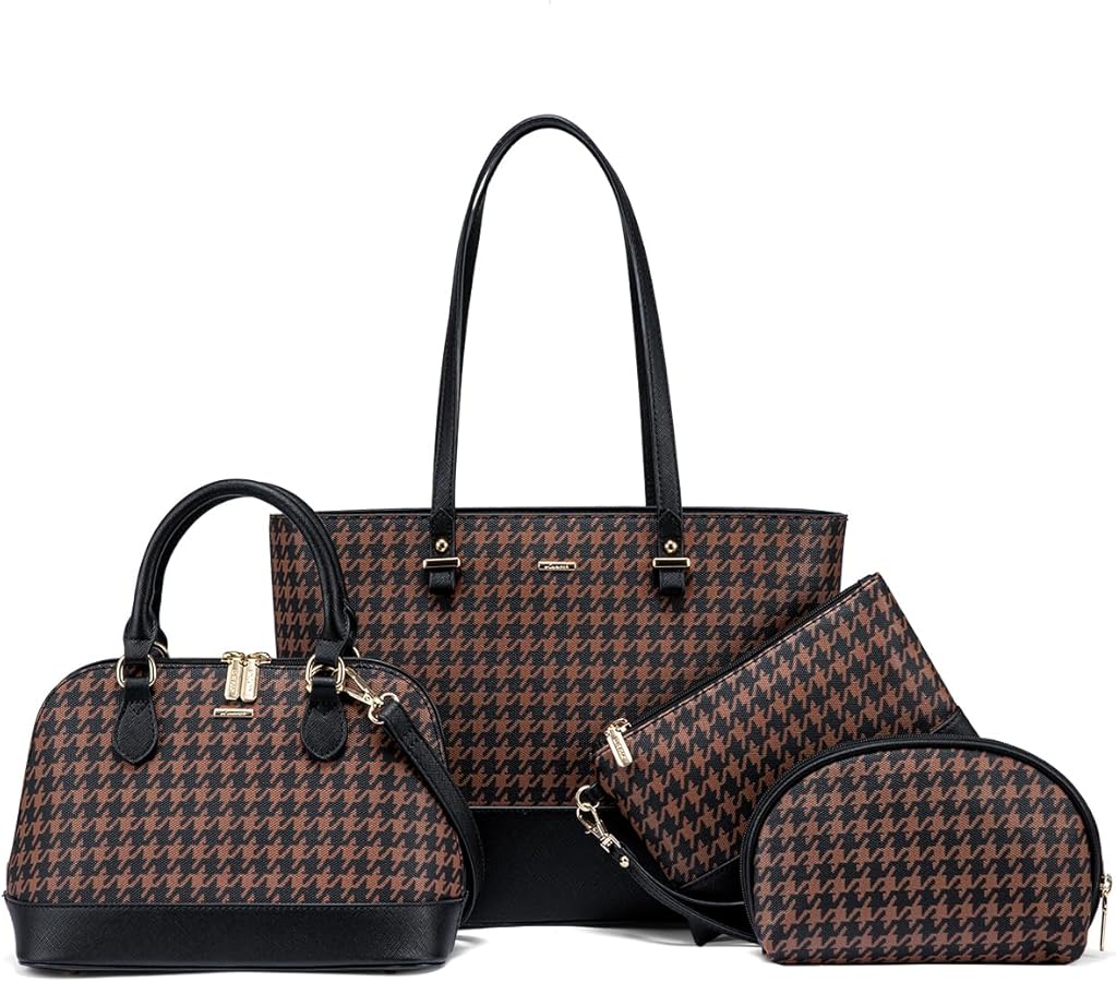 LOVEVOOK Handbags for Women 4pcs Purse Set Fashion Houndstooth Tote Shoulder Bag Top Handle Satchel