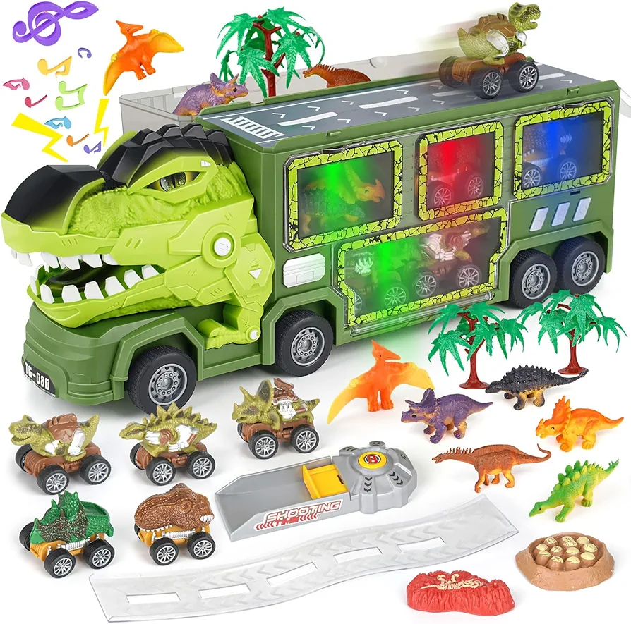 Dreamon Dinosaur Transport Car Carrier Truck Toy,Dinosaur Toys for Kids 5-7,19 in 1 Dinosaur Truck with Light,Music & Roar Sound,Slide and Car Launcher,Christmas Birthday Gifts for Boys