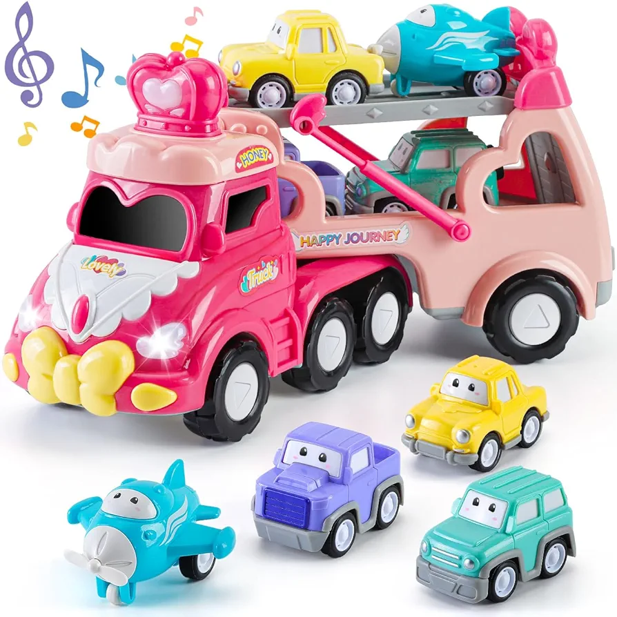 SEPHIX Trucks Toys for 2 3 4 5 6 Year Old Girl: Transport Cars Toys for Toddlers Age 2-6 Year Old Girl Birthday Gifts - Friction Power Cars with Light & Sound, Pink