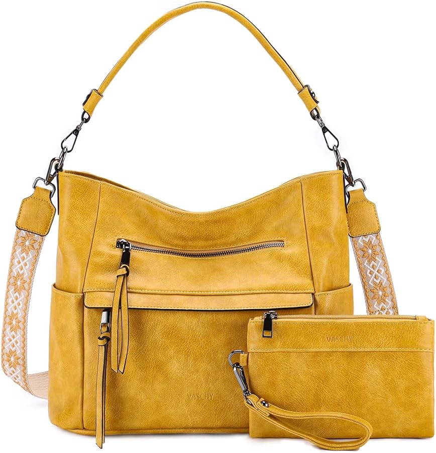 VASCHY Hobo Bag for Women, Medium Vegan Leather Shoulder Purse Handbag Wallet Set Tote Bag with Crossbody Guitar Strap