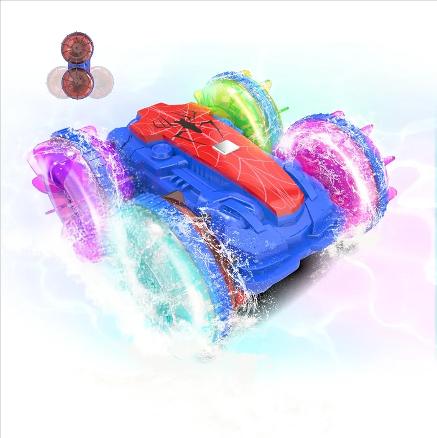 Amphibious Remote Control Car Boat, Waterproof Pool Spider Toys for Kids Ages 6 7 8 9 10 11 12, 2.4 GHz Gesture Sensing RC Vehicle, 4WD Stunt Car with LED Lights, Gift for Boy and Girl (Red&Blue)