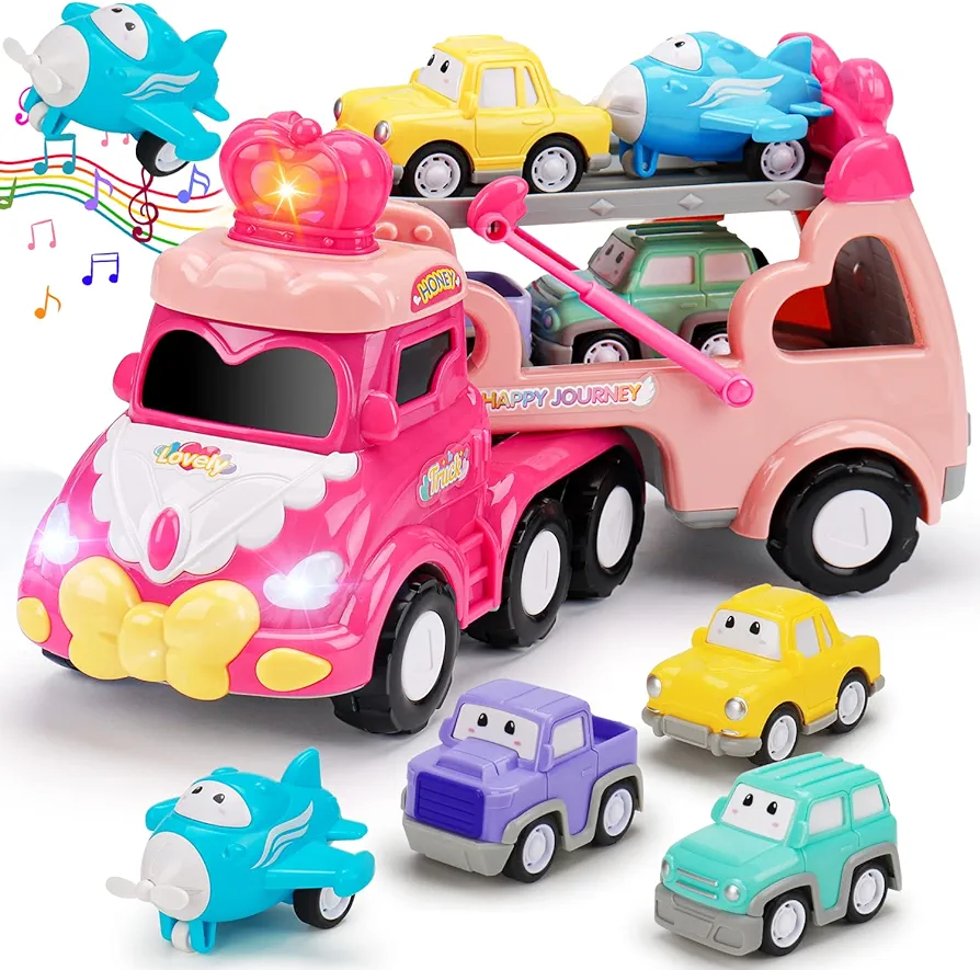 Toys for 1 2 3 Year Old Girl Gifts: 5-in-1 Carrier Truck Toddler Girl Toys Age 1-2 Pink Princess Car Toys for Toddlers Girls Age 1 2 3 Years Old Baby Girl Birthday Gifts