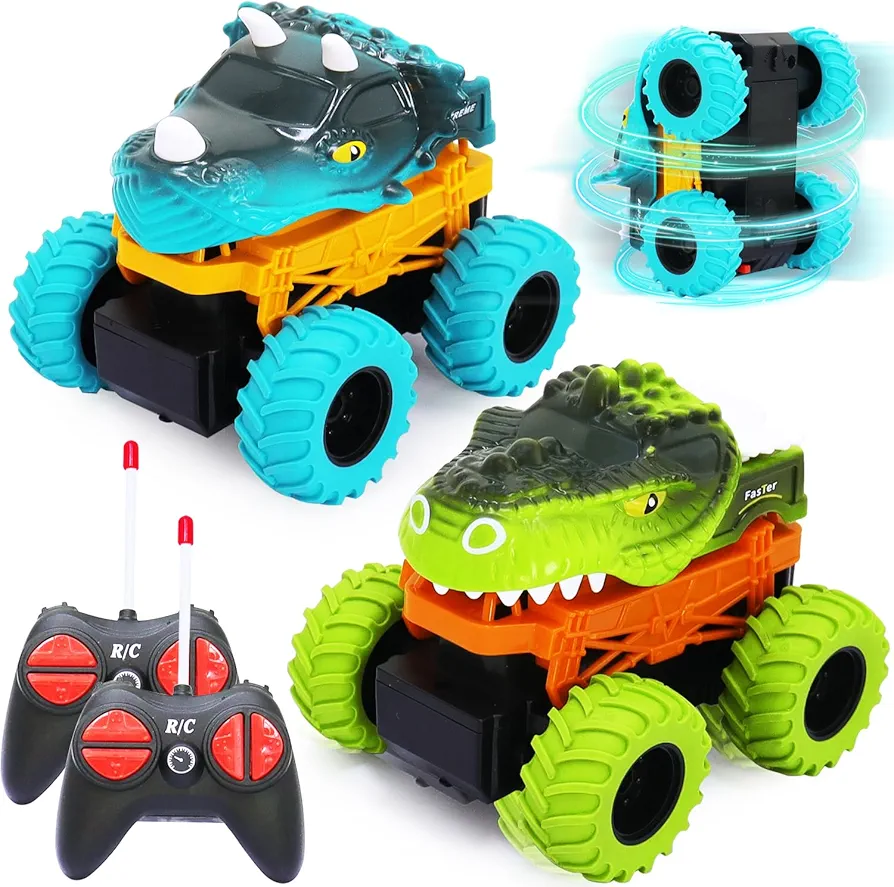 Remote Control Car for Toddler Age 3-5 Years Old, Age 4-6 Kids Dinosaur Toys Monster Truck Remote Control Cars for 4-8 Years Old Boys Remote Control Toy Cars Girls Birthday Gift 2 Pack