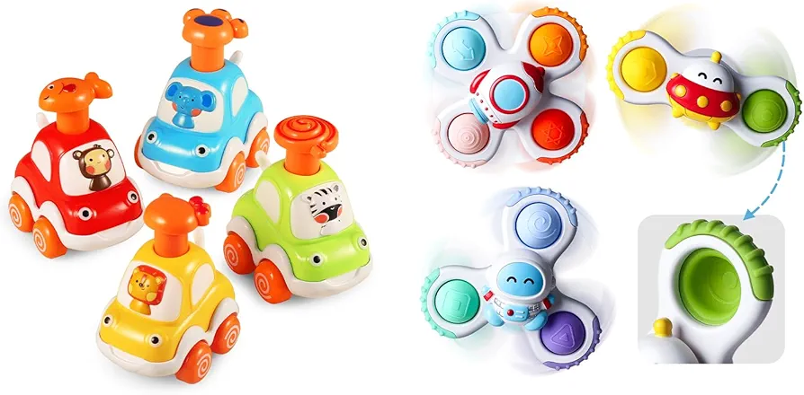 ALASOU 4 PCS Animal car Toys and 3 PCS Suction Cup Spinner Toys for Infant and Toddlers