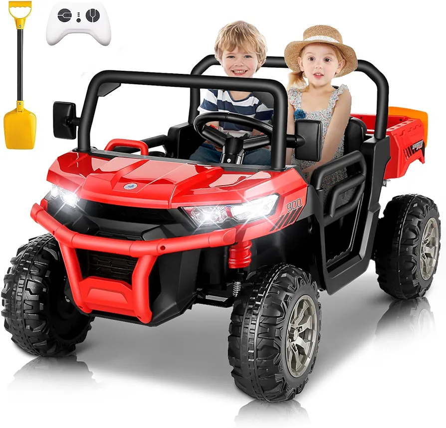 Hikole 24V Ride on Toys for Big Kids with Remote Control, 2 Seater Ride on Car with Electric Dump Bed, 7Ah Battery Powered, Shovel, Music, 3 Speed, Power Truck Wheel for Boys Girls, Red
