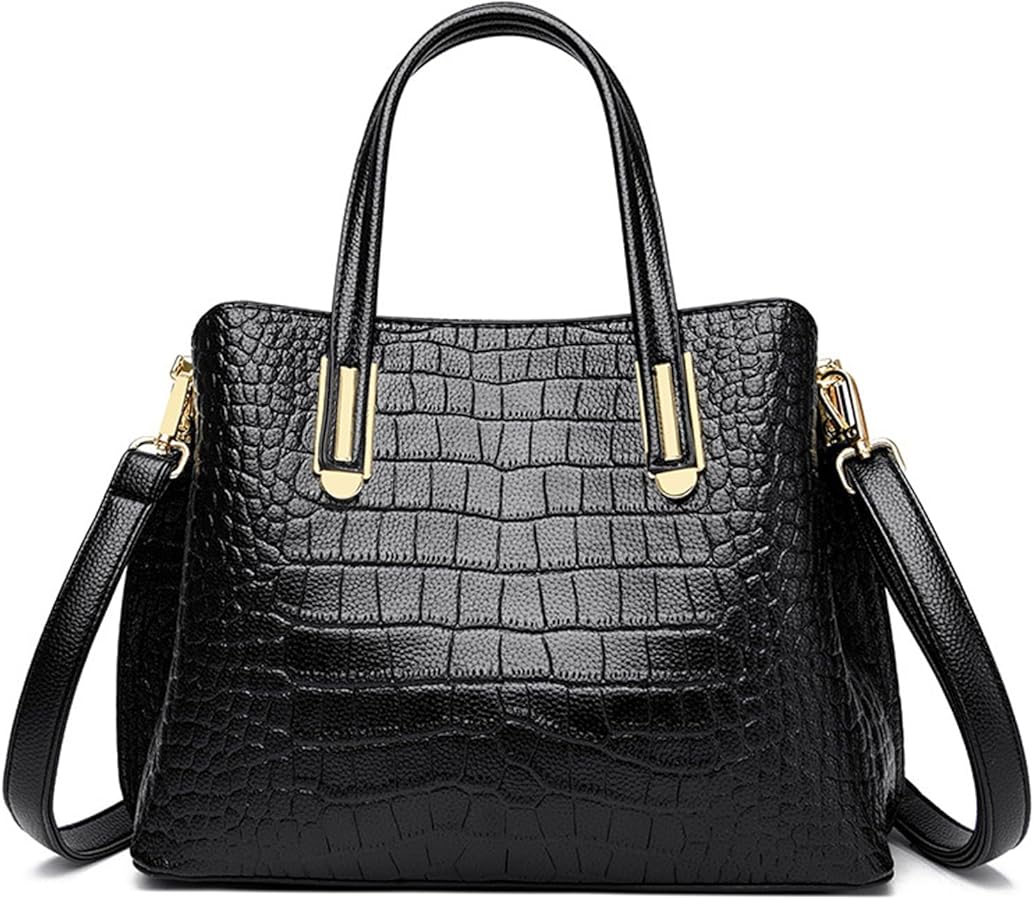 Top Handle Tote Bag Embossed Genuine Leather Handbags for Women Cross Body Bags Ladies Black Shoulder Satchel Purse