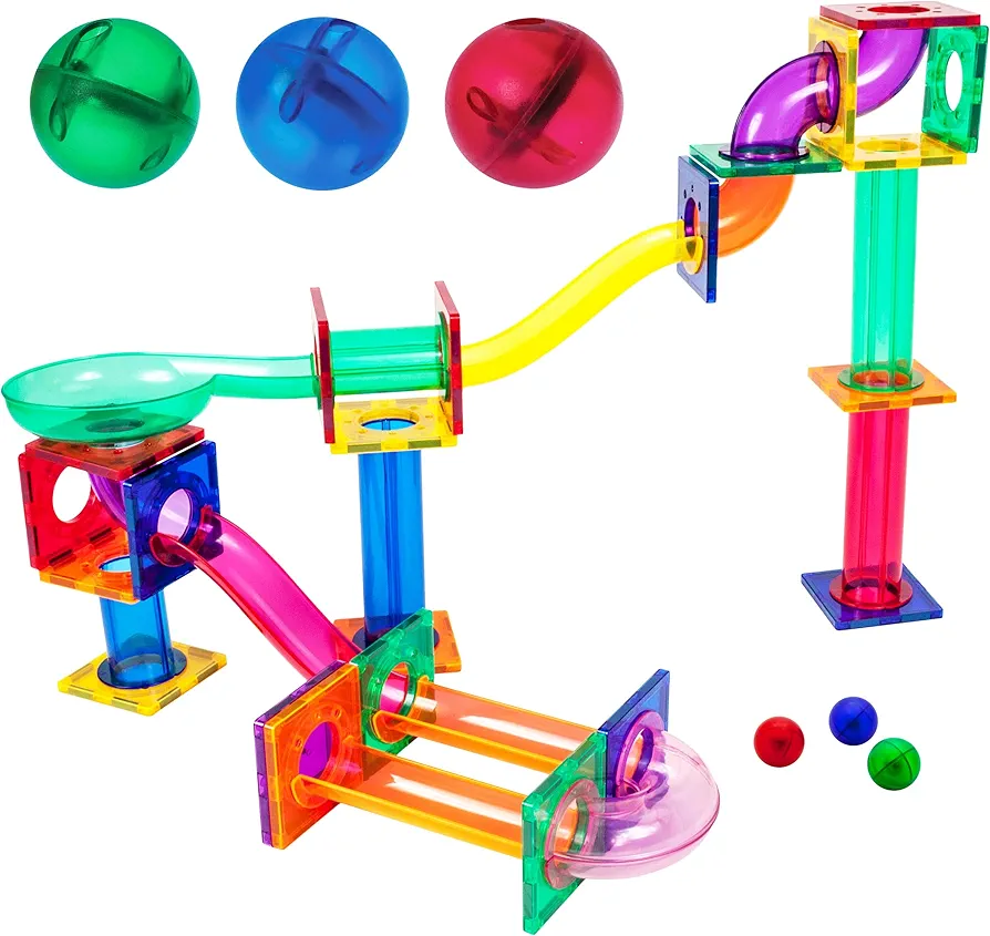 PicassoTiles 50 Piece Magnetic Marble Run Marbles for Kids Race Track Toy Set Marble Maze Sensory Toys for Toddlers STEM Educational Magnet Building Blocks Construction Building Tiles Boys Girls 3+