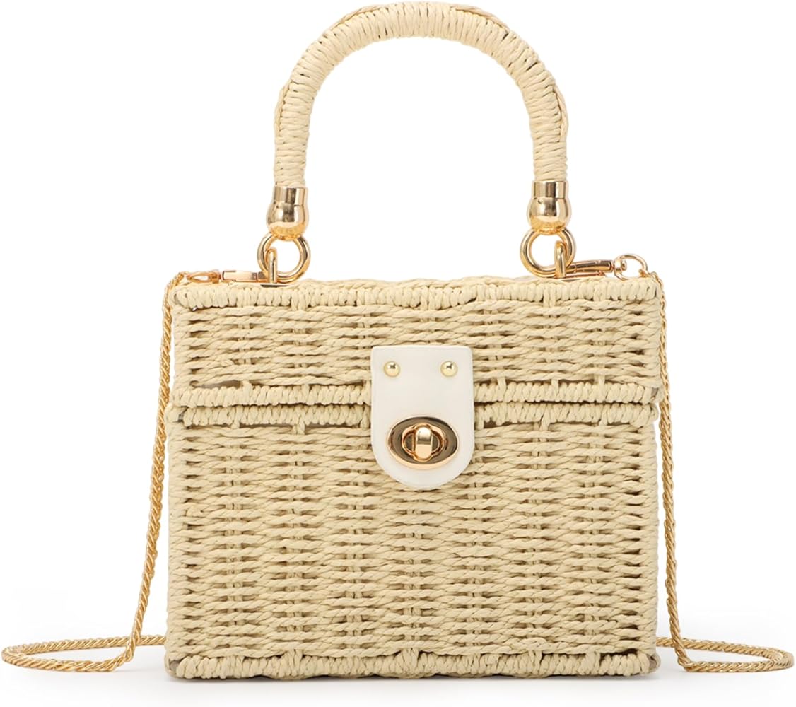 Fecialy Women Handwoven Rattan Handbag Beach Straw Tote Bag Square Boho Crossbody Bag