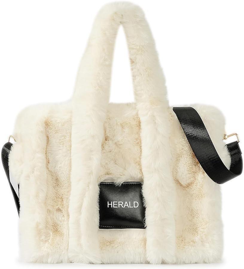 Herald Large Tote Bag for Women Soft Winter Fluffy Fuzzy Furry Plush Top Handle Purse and Handbag With Long Shoulder Strap