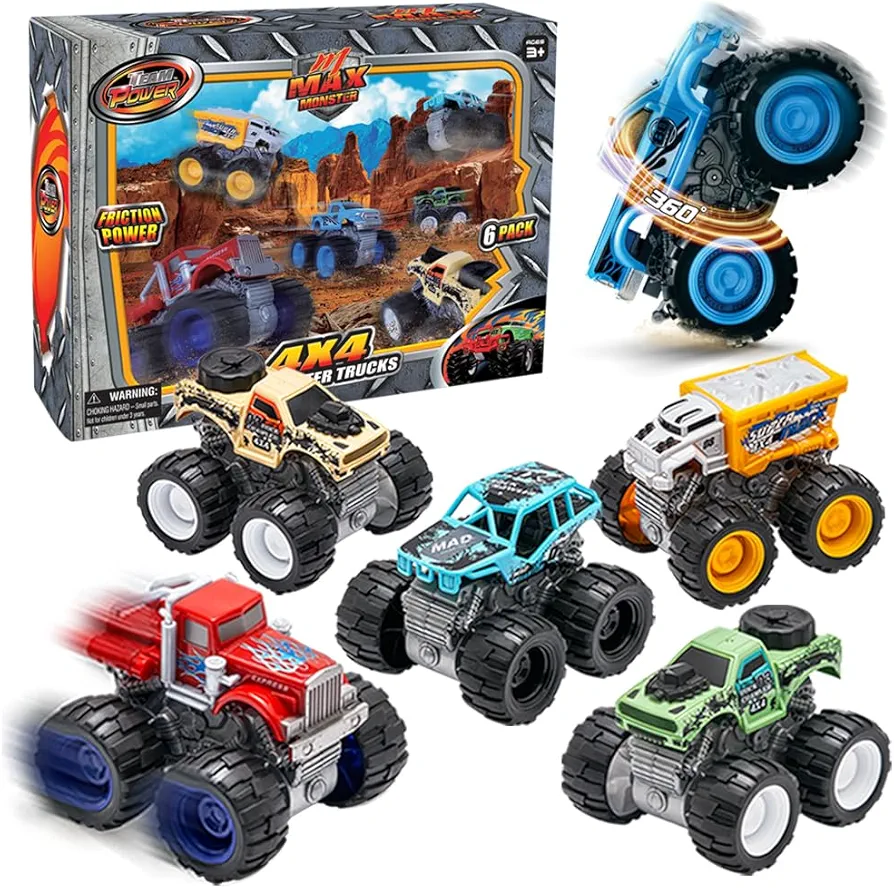 Monster Trucks Toys for Boys and Girls, 4-Wheel Drive Friction Powered 6-Pack Push and Go Toy Cars with Giant Wheels, 360° Crazy Stunts, Age 3, 4-7 and above [Amazon Exclusive] (6 Pack)