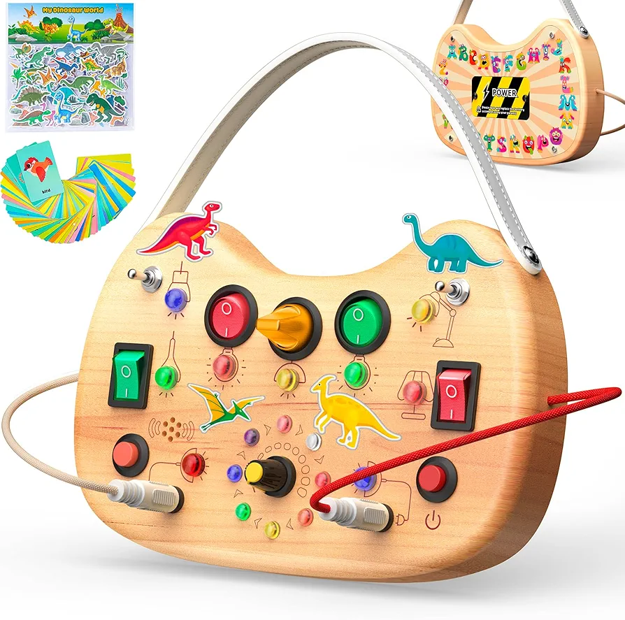 Montessori Busy Board for Toddlers 1-3, Wooden Busy Board with LED Light, Switch Board Car Ride Travel Toys, 1 2 3 One Year Old Girl Boy Christmas Birthday Gifts