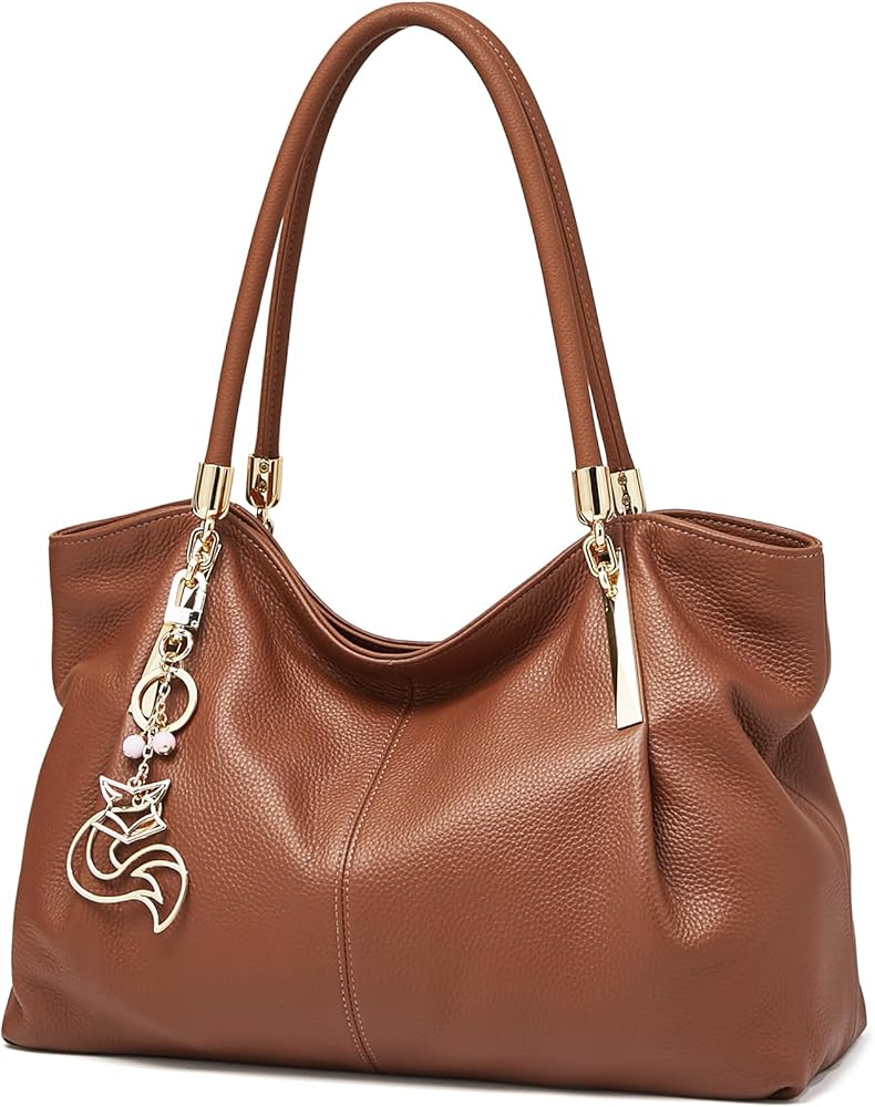 FOXLOVER Cow Leather Tote Bags for Women Large Capacity Top-Handle Handbag Shoulder Bag Purse Zipper Closure with Metal Charm