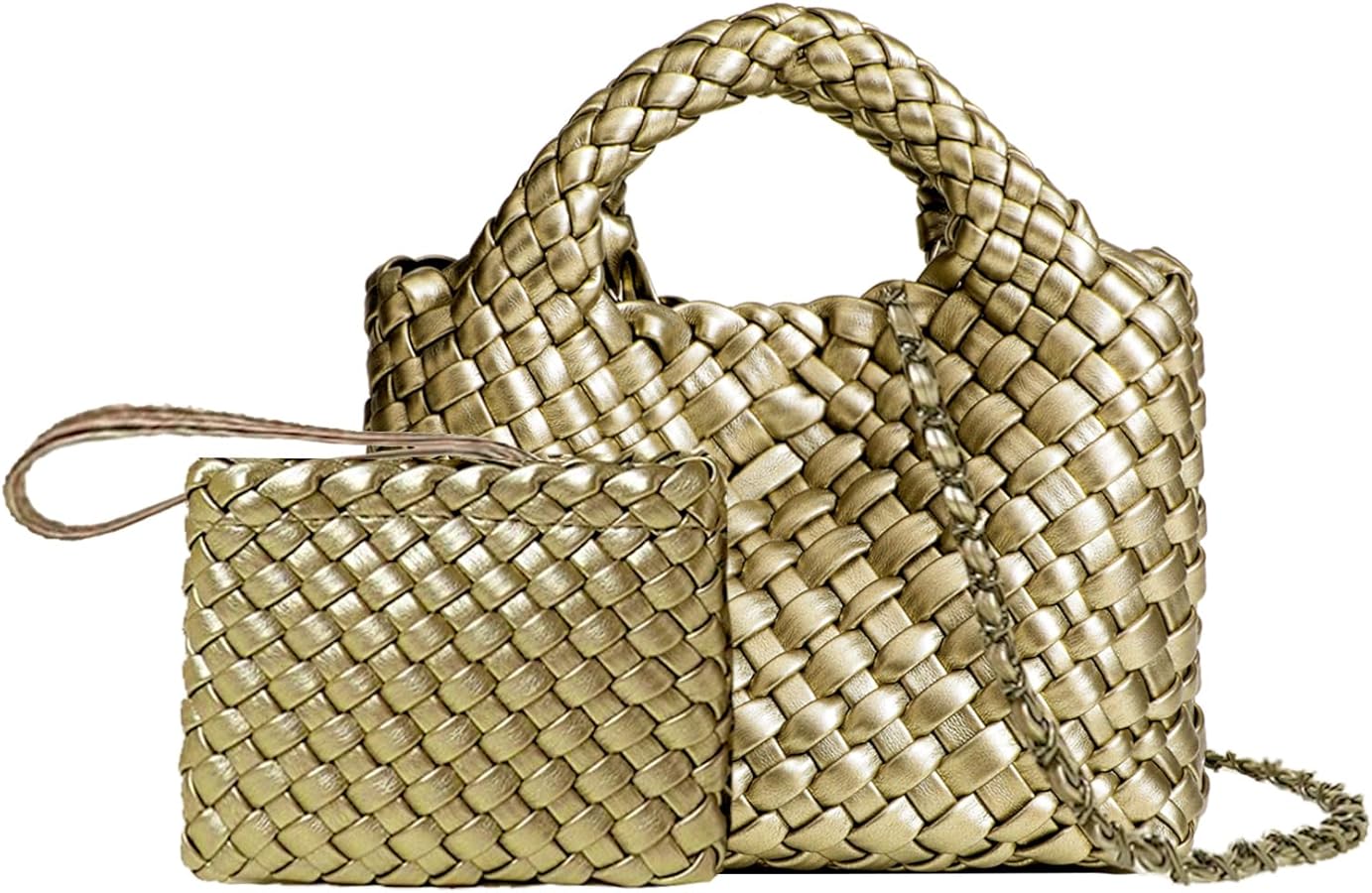 Woven Tote Bag for Women with Coin Purse, Foldable Chain Small Crossbody Handbags, Fashion Shoulder Bag, Hobo Satchel