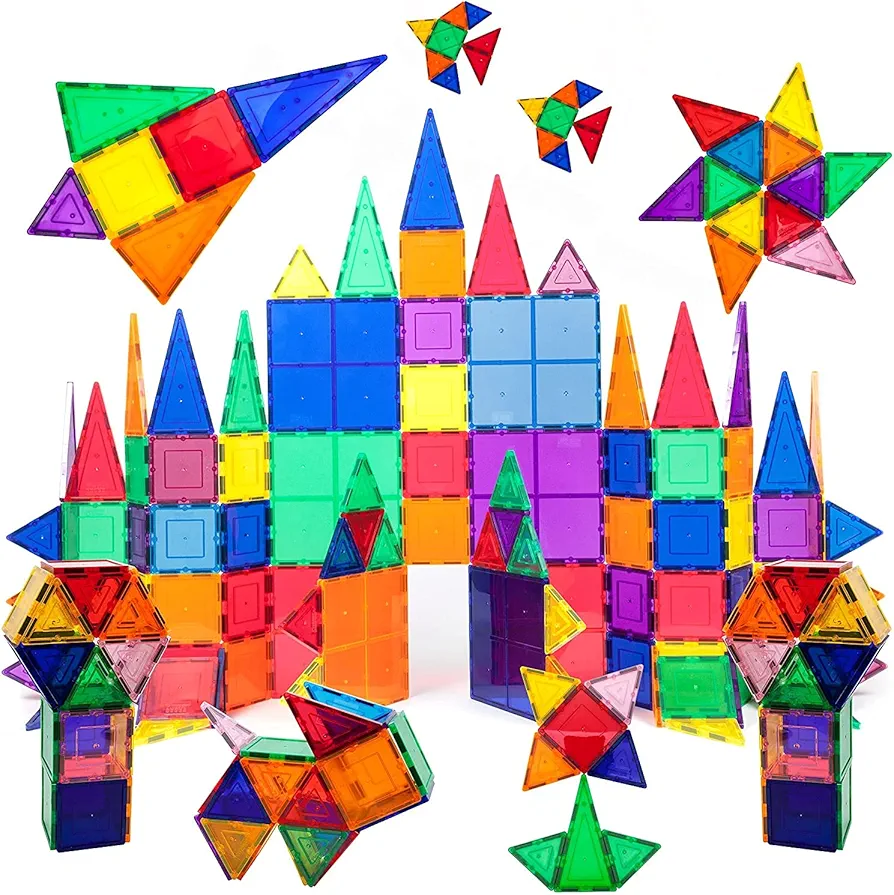 PicassoTiles Magnetic Figures + 100pcs Magnet Tiles + 2pc Car Truck, 8 Piece Character Action Magnet Expansion Pretend Playset, Clear 3D Building Blocks Playboards, Re-Enforced Hitch and Long Bed