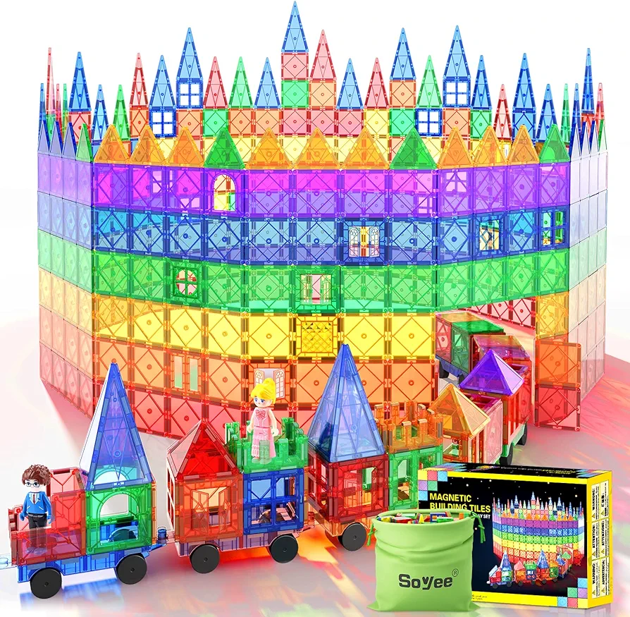 Soyee Magnetic Tiles with 2 Cars Kids Gifts Boys Toys for 3 Year Old Boys Educational Toys for Toddlers Kids Age 3-5 4-8 Car Train Building Toys