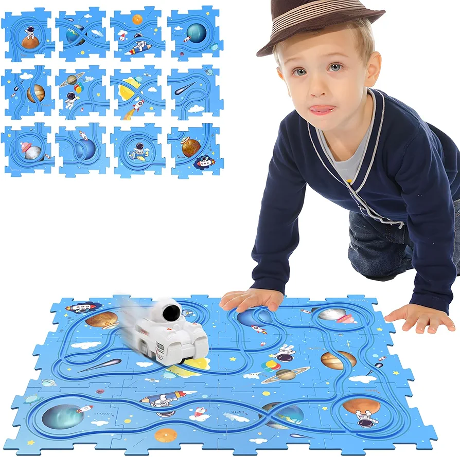 Puzzle Track Educational Play Set-Plastic Jigsaw Board & Battery Operated Toy Vehicles, Montessori Toys for Kids Ages 3-5, 2-4 Years Toddlers Puzzle Rail Car, 3 4 5 6 Year Old Boys Gift