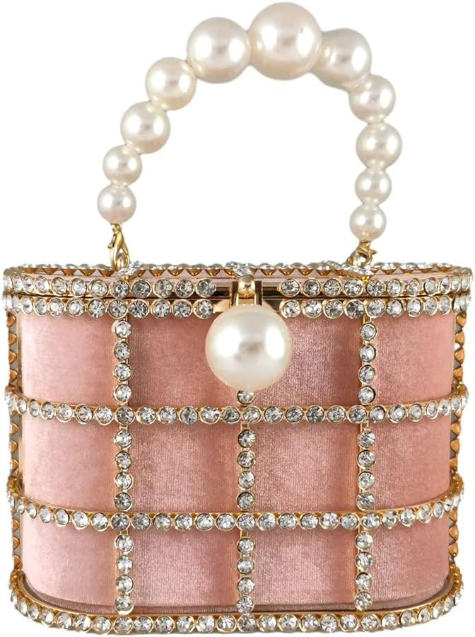 Synthetic Pearl Top-Handle Women Metal Bucket Bag Crystal Evening Purses and Clutches Formal Wedding Handbags