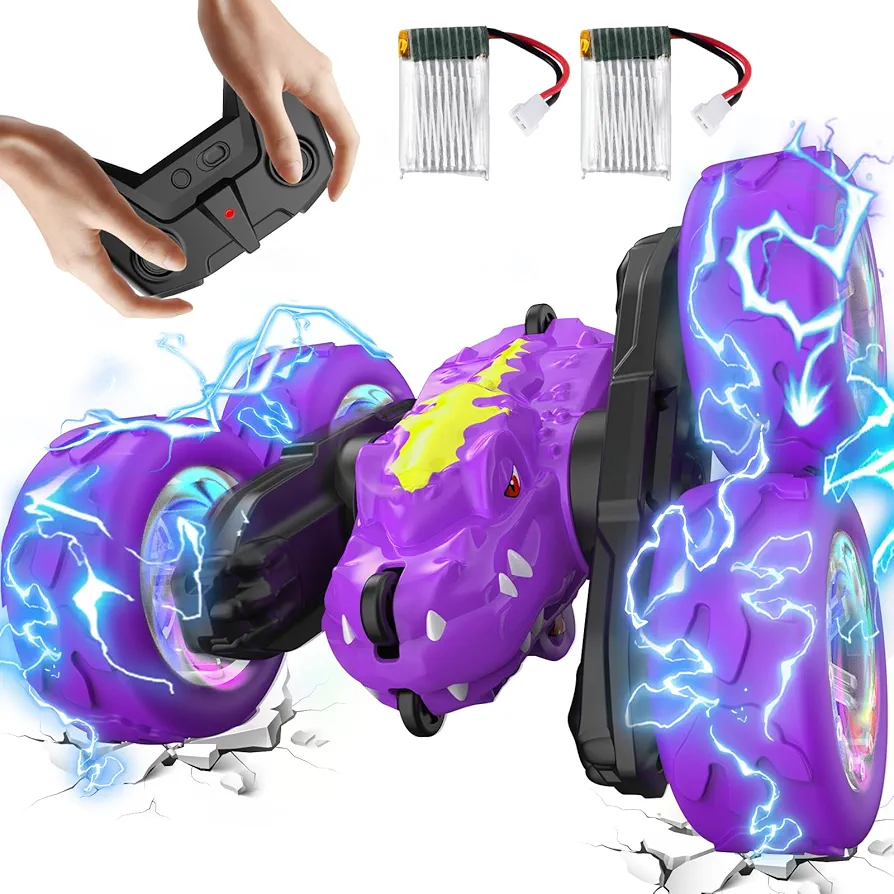NUOKE Remote Control Car for Boys, Rechargeable RC Car, Dinosaur Toys for Kids Ages 3-10, 360° Flip Double Sided RC Stunt Cars, 2 Batteries & Cool Light Birthday Xmas Gifts