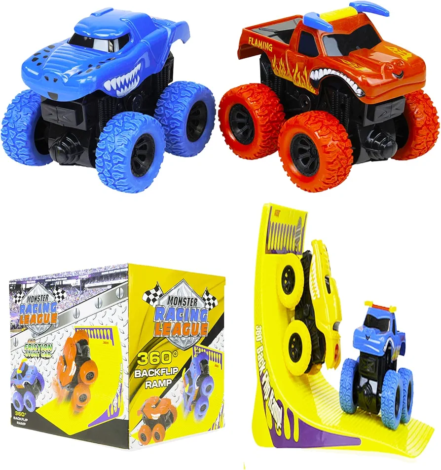Set of 2 Friction Powered Monster Offroader Truck Toy with 360 Degree Back-flip Stunts Ramp for Kids (No Battery Needed)