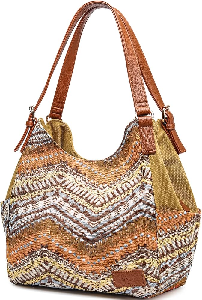 Worldlyda Women Canvas Hobo Purse Multi Pocket Tote Shopper Shoulder Bag Casual Top Handle handbag with Embroidery Ethnic