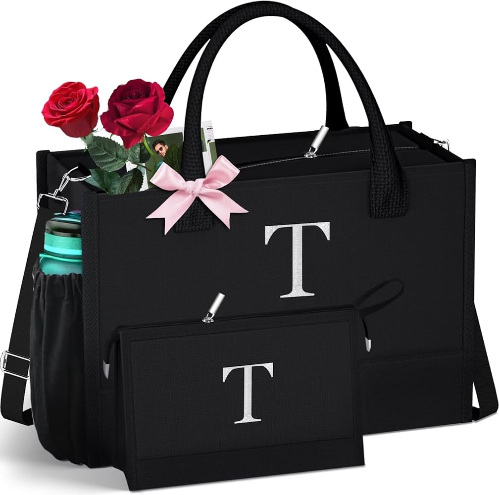 Initial Black Canvas Tote Bag & Makeup Bag with Zipper Adjustable Strap, Personalized Present Bag for Women Birthday