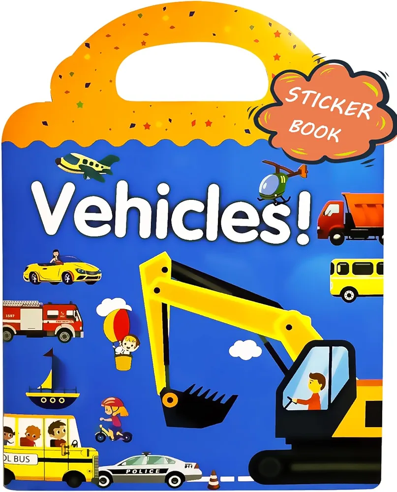 Reusable Sticker Books for Kids 2-6, Cute Travel Sticker Books for Toddlers 3-5, 36Pcs Waterproof Stickers Gifts for Toddler Girls Boys (Vehicle)