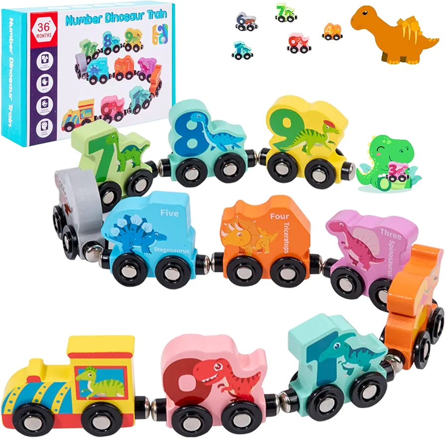 Wooden Dinosaur Train Set Toy for Kids Ages 3-5（Enhanced magnetic ver） 11 PCS Wooden Toy Cars with Numbers Toddlers Dinosaur Toys for 1 2 3 4 5 6 Year Old Boys and Girls Gifts