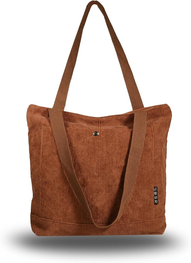 Corduroy Tote Bag for Women Casual Shoulder Handbags with Zipper Pockets
