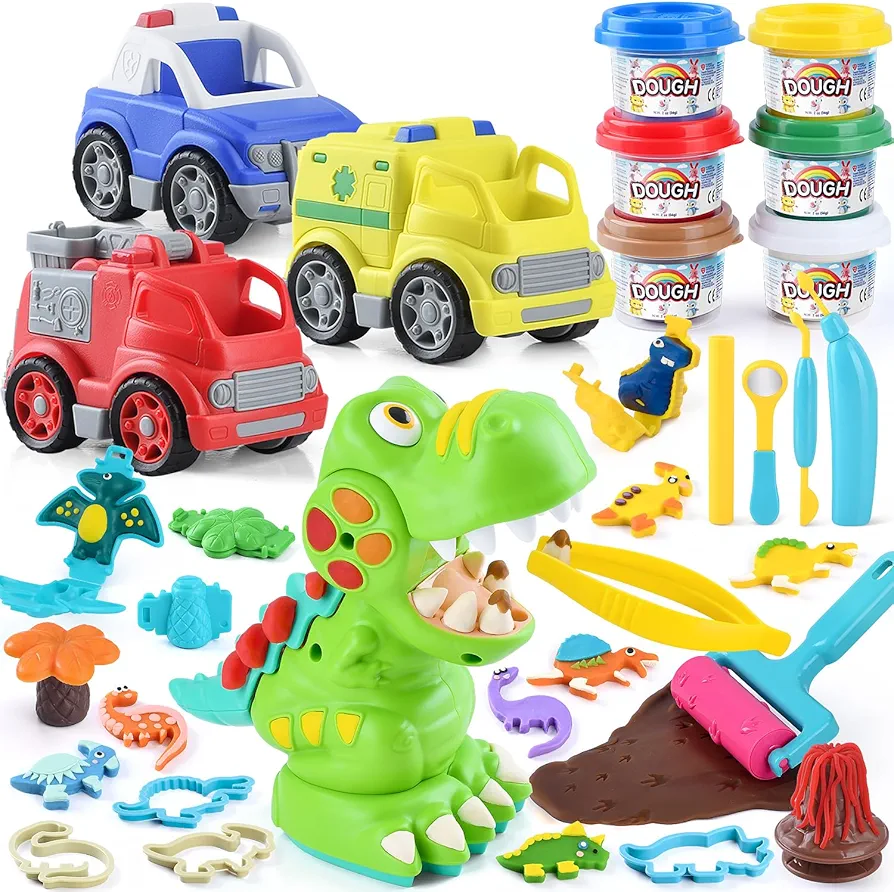PLAY Eco-Friendly 3 in 1 Emergency Vehicle Toy Truck Set+Dinosaur Playdough Sets for Ages Kids 4-8