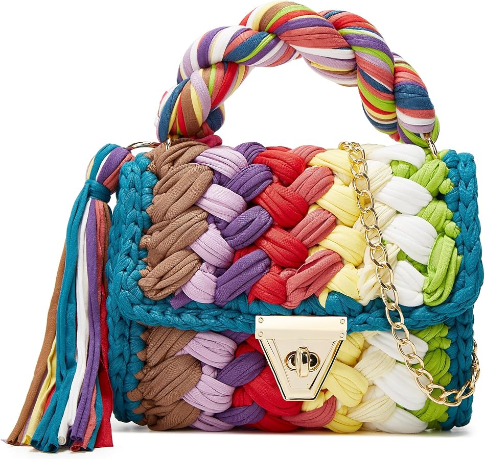 Women's Handwoven Tote Bags Chunky Yarn Crochet Crossbody Shoulder Bag DIY Knot Purse Knit Woven Handbag Evening Bag Clutch