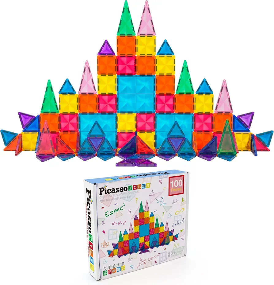 PicassoTiles 2pcs Mini Car Truck + 100pcs Magnetic Mini Diamond, Mini Magnetic Tiles Expansion Car Truck Construction Set, Travel Size On-The-Go Magnet Construction Toy STEM Learning Kit Playset