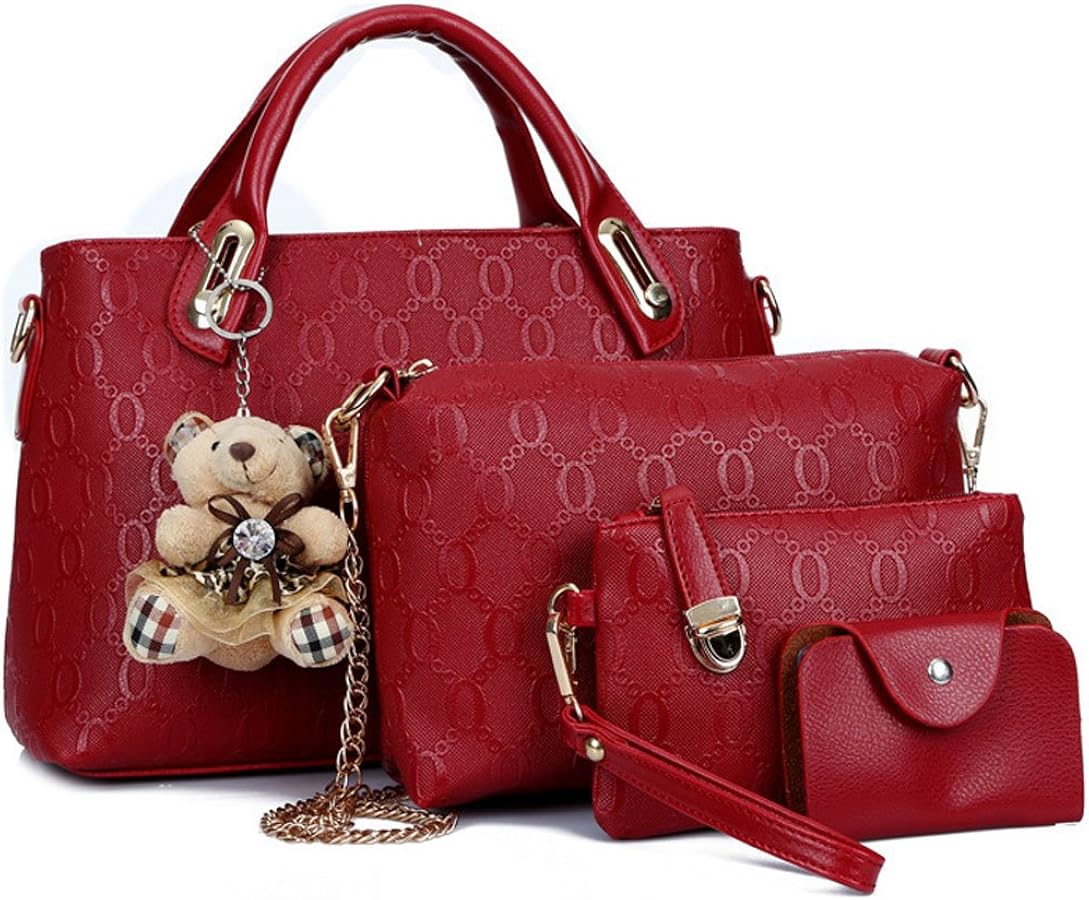 Women 4 Pcs Top Handle Satchel Hobo Handbag Set Large Tote +Purse +Shoulder Bag+Card Holder