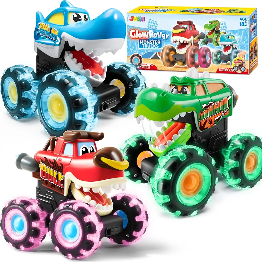 JOYIN 3 Pack Monster Truck Toy - Motion Activated Light-Up Cars for Toddlers - Monster Treads Lightning Wheels - Baby Toy Gift - Press & Go Cars for Boys Girls