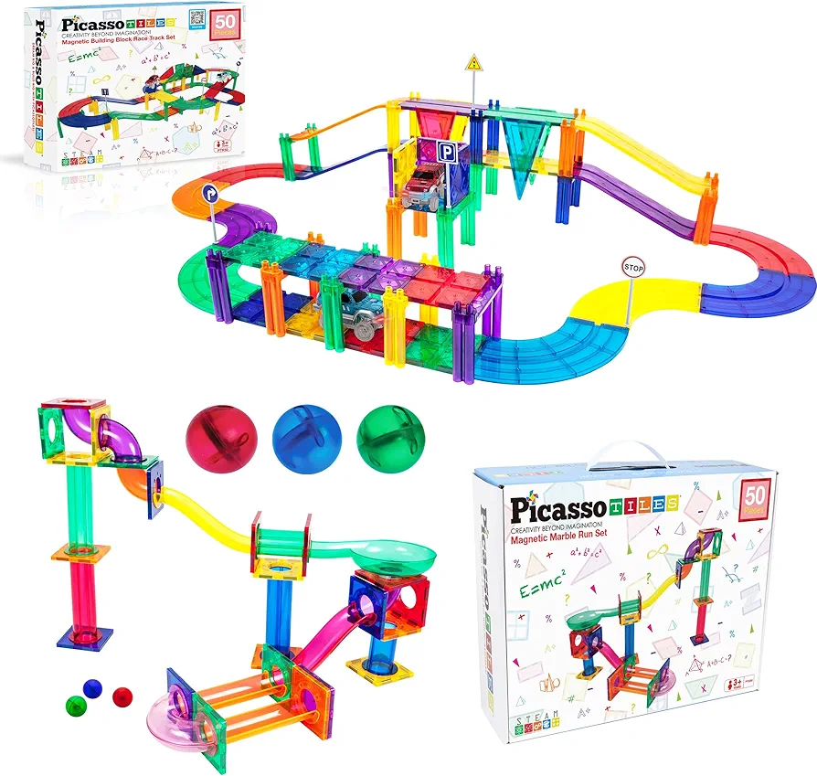 PicassoTiles 50PC Marble Run + 50PC Magnetic Race Car Track, Fun & Creative Playset: STEAM Learning, Enhance Construction Skills, Hand-Eye Coordination and Fine Motor Skills, Gift for Boys and Girls