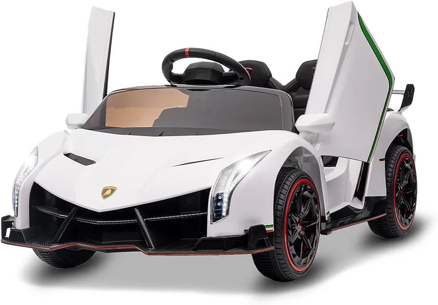 Kids Ride On Car, Licensed Lamborghini Veneno 12V Battery Powered Electric Car w/Parent Remote Control, Scissor Door, 3 Speeds, LED Headlights, Rocking & Music, Ride on Toy for Boys Girls, White