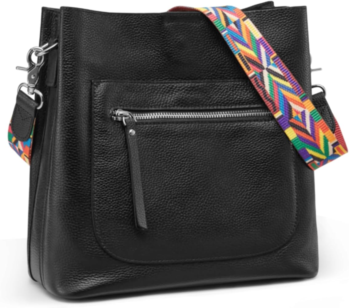 S-ZONE Genuine Leather Crossbody Bucket Bag for Women Shoulder Purse Handbags Zipper with 2 Straps Medium
