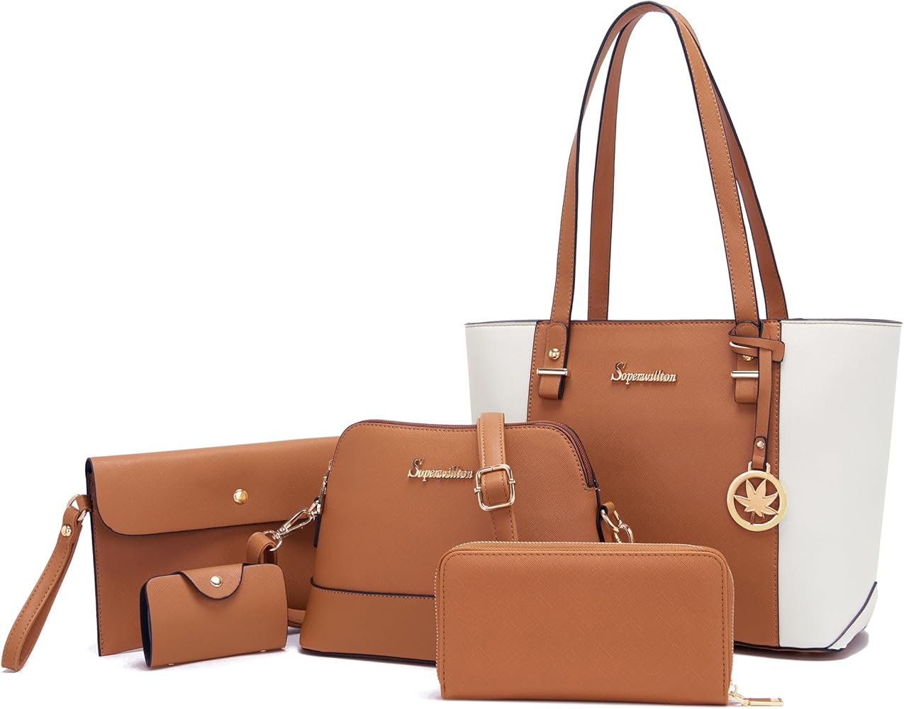 Soperwillton Handbag for Women Wallet Tote Bag Shoulder Bags Top Handle Satchel 5pcs Purse Set