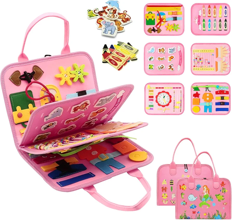 BESFAN Busy Board Montessori Toys for 1 2 3 4 Year Old Boys & Girls Gifts, Sensory Board for Toddlers 1-3, Educational Activities Travel Toy for Airplane Car, Busy Book for Learning Fine Motor Skills