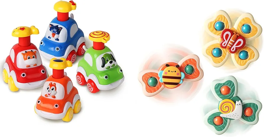 ALASOU 4 PCS Animal Car Toys and 3 PCS Suction Cup Spinner Toys for infant and toddlers