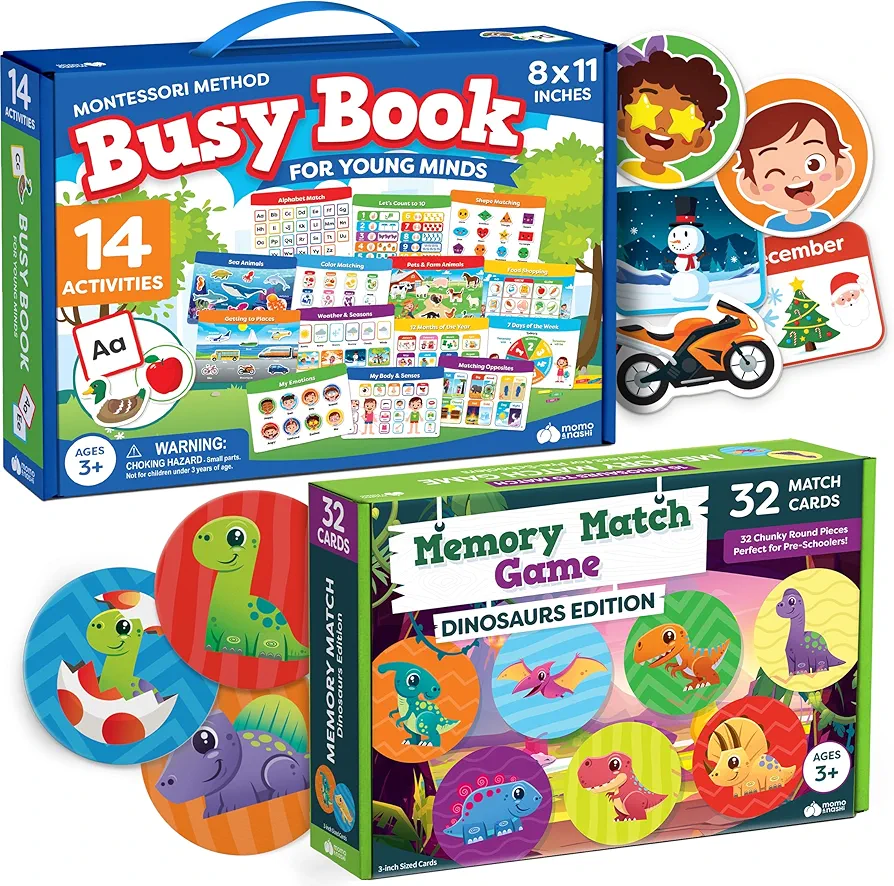 Montessori Busy Book for Toddlers & Dinosaur Matching Memory Game for Kids - Preschool Learning Activities Book Kindergarten Educational Toys for 3 Year Old Memory Card Matching Games for Children