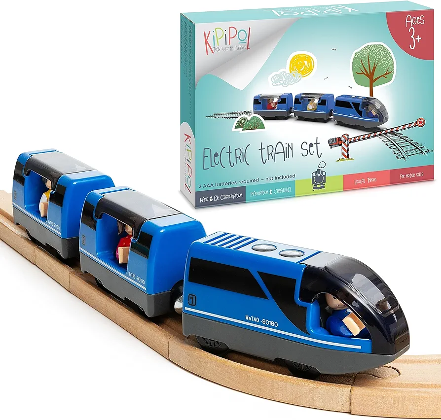Battery Operated Action Locomotive Toy Train Set for Wooden Train Tracks, (Magnetic Connection)-Compatible with Thomas The Train Toys, Brio Train set for toddlers 3-5 and up