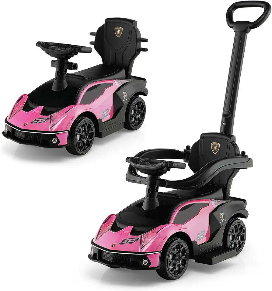 Costzon Push Cars for Toddlers, 3 in 1 Licensed Lamborghini Stroller Sliding Walking Car w/Handle, Armrest Guardrail, Underneath Storage, Horn, Foot-to-Floor Ride On Toy for Boys Girls (Pink)
