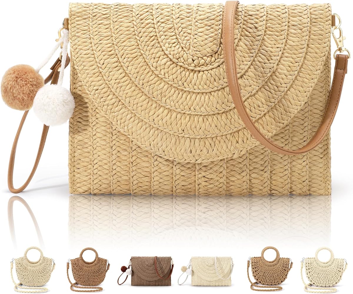 Straw Clutch Purses for Women Woven Straw Beach Sea Handbag Tote Bags for Summer