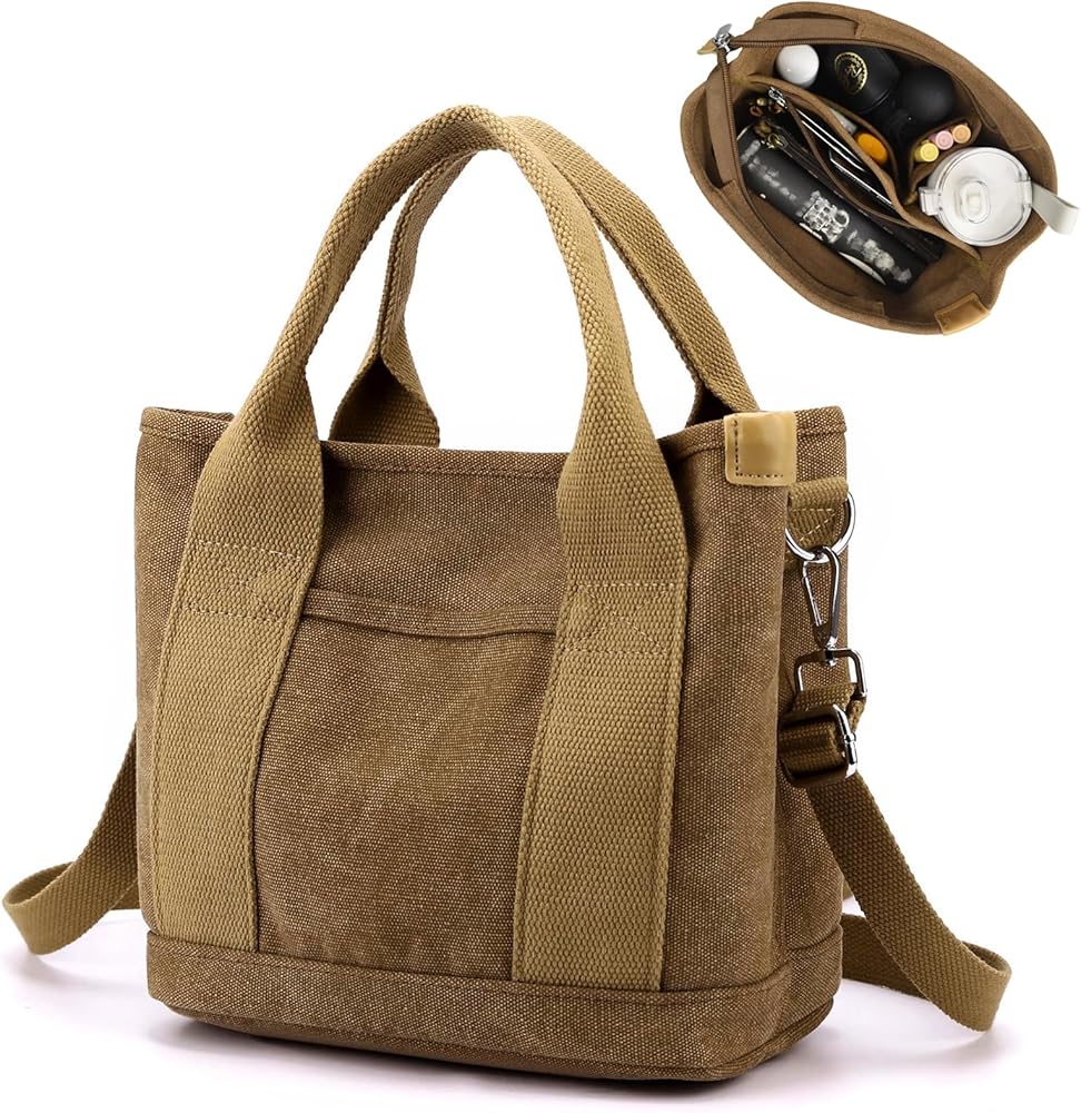 Small Tote Bag for Women, Upgraded Canvas Tote Bag with Zipper Pocket Compartments, Mini Cute Crossbody Bag Handbag