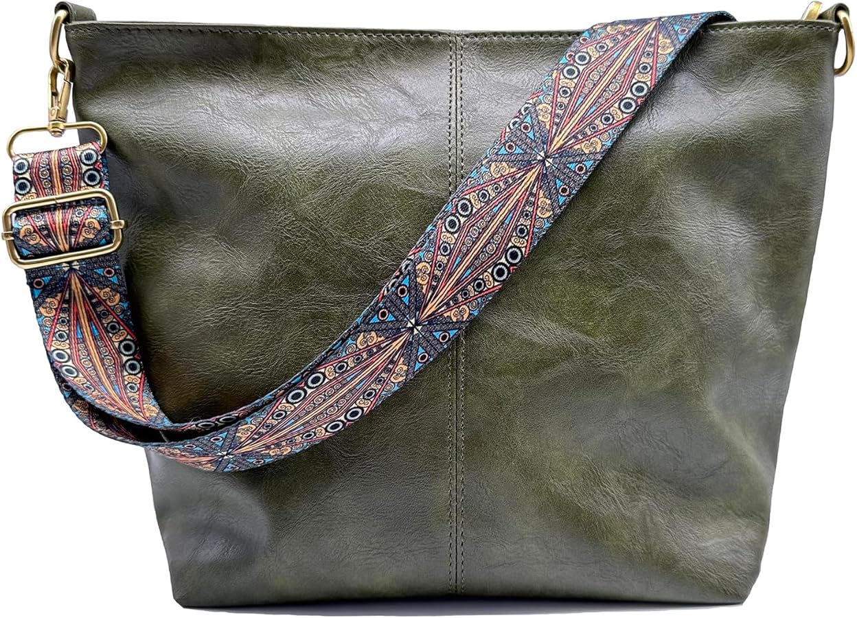 Aphoraeny Hobo Bags Vegan Leather Crossbody Bag Guitar Strap Hobo Purses and Handbags Bucket Bags Shoulder Bag with Zipper