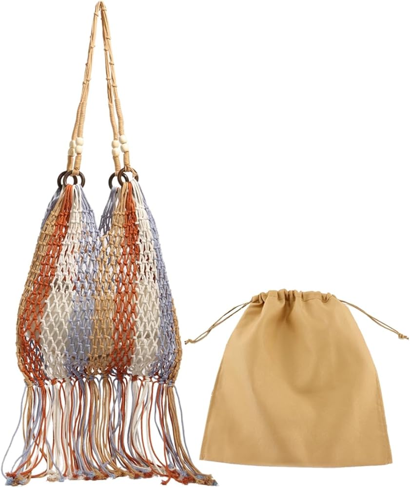 GRPKSSIB Crochet Tote Bag Hobo Shoulder Bag Boho Knitted Summer Beach Bag Handbag Bohemian Bag with Tassels for Women