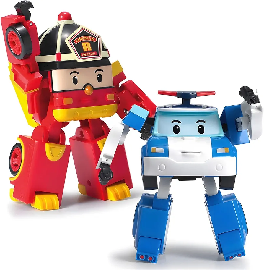 Robocar Poli 2 Pack Poli + Roy Transforming Robot Toys, 4" Transformable Action Figure Car Toy, Rescue Team Emergency Vehicle Playset, Holiday Birthday Rescue Car Toys Gift for Boys Girls Age 1-5