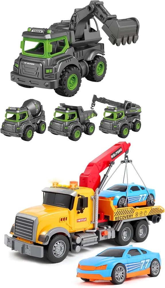 Heavy Duty Construction Toys for Ages 2-4 Boys, Kids Truck Toys for 3 4 5 6 7 Years Old Boys, 15" Large Tow Truck Toy Transport Truck Crane Toy with Roadster,