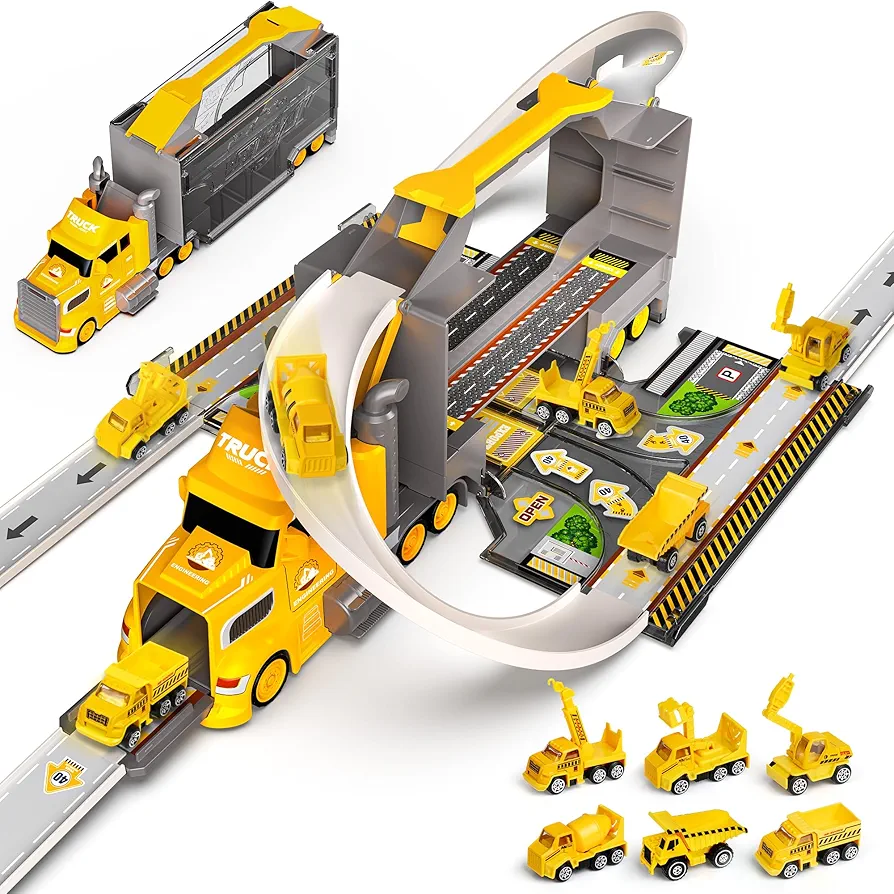Truck Toy Cars for Toddlers Race Track Playset, 7in1 Construction Truck Toys in Transport Car Carrier, Cars Toys Gift for Age 2 3 4 5 Years Old Boys Kids
